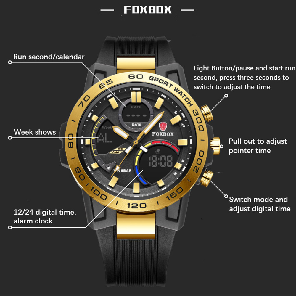 FOXBOX hombre nuevo cronógrafo multifuncional impermeable reloj despertador de doble pantalla reloj electrónico reloj deportivo para estudiantes