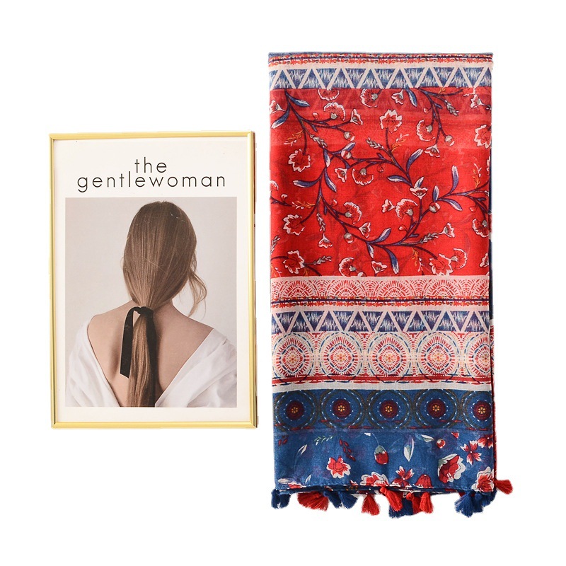 La primavera y el verano de algodón fino y el lino sienten bufanda vintage Lijiang estilo rojo flor imprimir viajes protector solar Toalla de playa para las mujeres