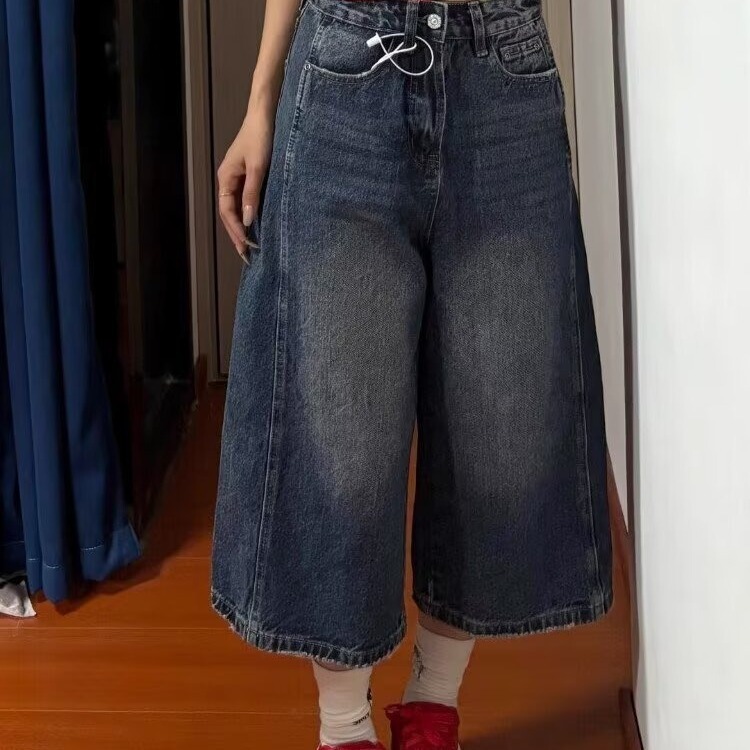 美式复古高腰七分牛仔裤女2025夏季薄款小个子显瘦宽松阔腿中短裤|undefined