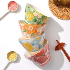 日系花卉斗笠碗陶瓷碗创意饭碗高脚碗家用米饭碗甜品碗釉下彩餐具