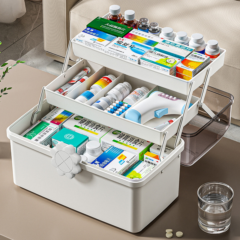 Caja de medicamentos multicapa casera, caja de almacenamiento de clasificación de medicamentos, caja médica casera de medicamentos de emergencia para niños de gran capacidad