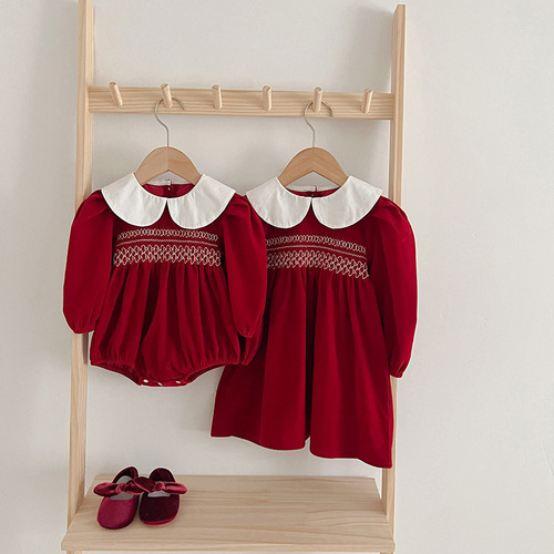 Girls' Dress with Doll Collar Red Baby Clothing for Girls Diaper Cover Triangular Climbing Suit Sister Set Spring and Autumn Style