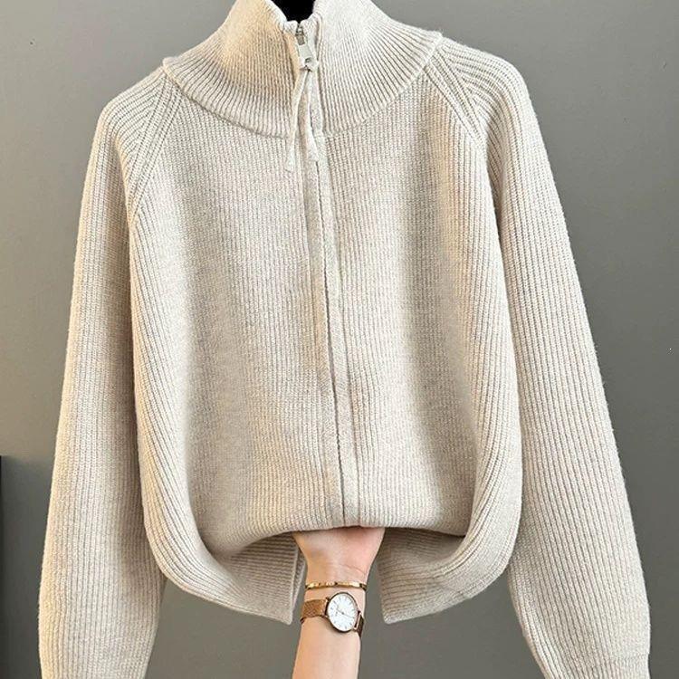 Zipper High Neck Cardigan Knitted Sweater Winter New Loose Lazy Autumn and Winter Thickened Outerwear Top Zipper High Neck Cardigan Knitted Sweater Winter New Loose Lazy Autumn and Winter Thickened Outerwear Top
