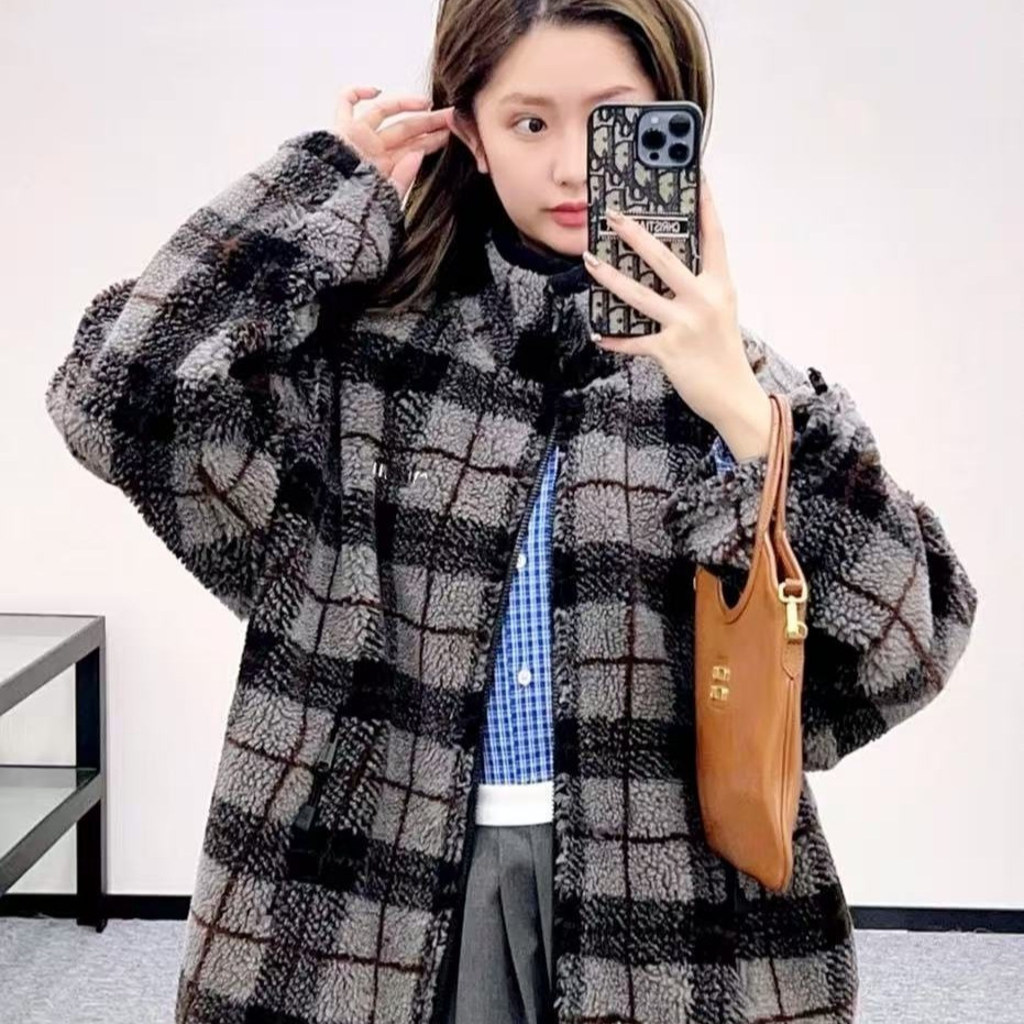 High Version Miu Series 25 Autumn and Winter New Cashmere Plaid Lamb Wool Stand Collar Zipper Jacket for Women