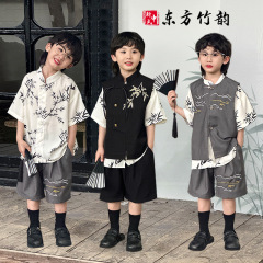 男の子用中国風スーツ2025夏新作子供服新中式竹葉プリント半袖シャツ子供用薄手シャツ