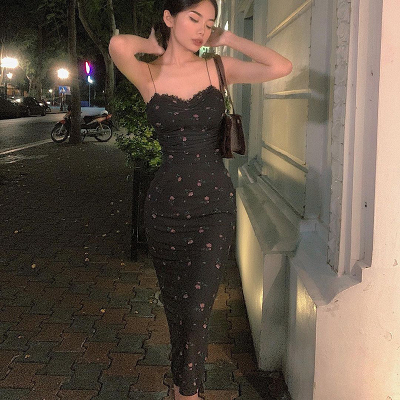 YJ23300 European And American Pure Desire Sexy Korean Style Mesh Print Backless Tight Strap Bodycon Long Dress For Women_ecoleips.com