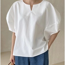 韩国 简约纯色字圆领宽松衬衫