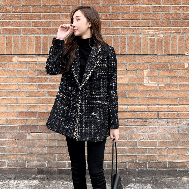 Осенняя шерстяная черная классическая куртка-пиджак для отдыха, оверсайз