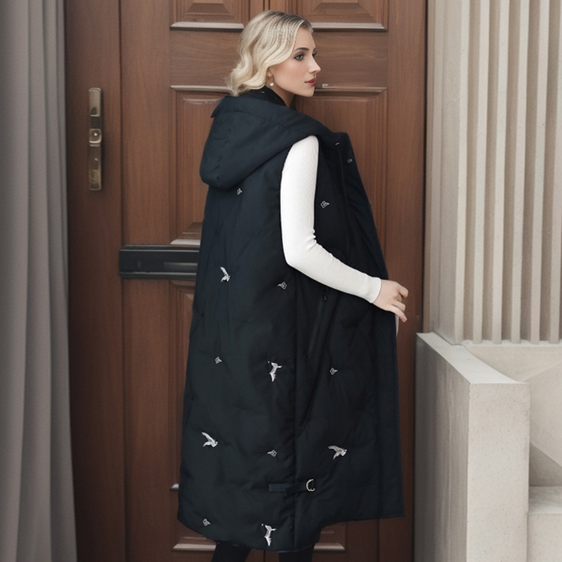 Vêtements pour femmes 2024 printemps, automne et hiver nouveaux vêtements d'extérieur mi-longs gilet à capuche dames broderie veste chaude gilet chaud en coton_voghion.com