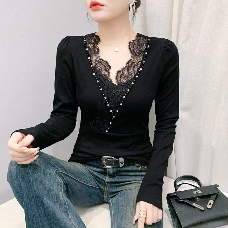 2025 Spring New Style Slimming Look and Fashionable Splicing Lace Hand-Beaded Long-Sleeved T-Shirt for Women 2025 Spring New Style Slimming Look and Fashionable Splicing Lace Hand-Beaded Long-Sleeved T-Shirt for Women