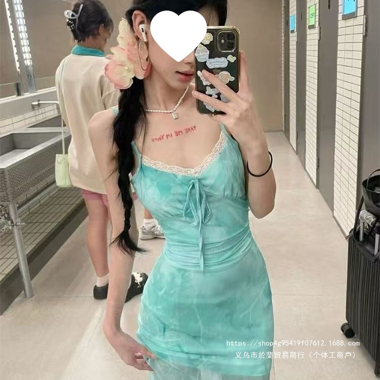 夏季纱网吊带修身拼接连衣裙设计感海边沙滩裙鱼尾过膝公主长裙女