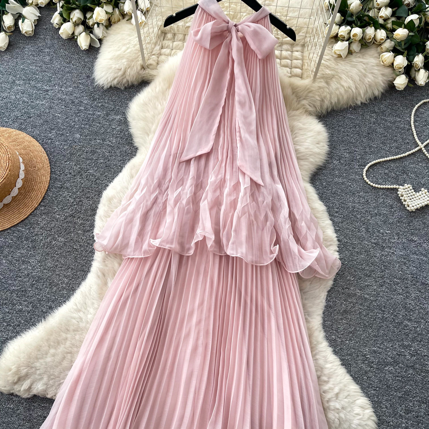 French Style Women's Halter Neck Dress Sleeveless Sweet Youthful Pleated High Waisted Cake Skirt Long Summer Fairy Vacation Dress_ecoleips.com