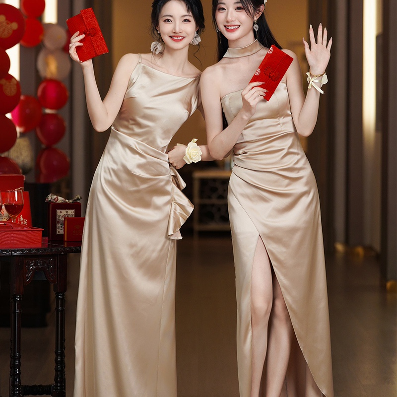Champagne-Colored Bridesmaid Dress with a Sense of Design, Satin Fabric, High-End Feel, Slimming, Niche, Suitable for Everyday Wear, Women's Dress Champagne-Colored Bridesmaid Dress with a Sense of Design, Satin Fabric, High-End Feel, Slimming, Niche, Suitable for Everyday Wear, Women's Dress