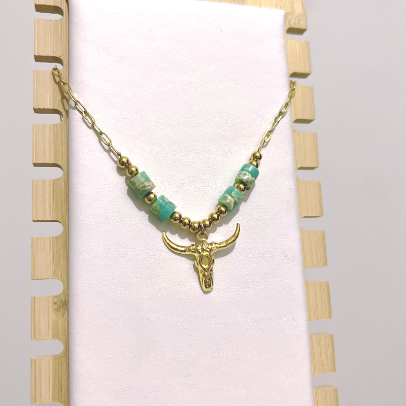 Fashion Bull Head Stainless Steel Plating Natural Stone Pendant Necklace