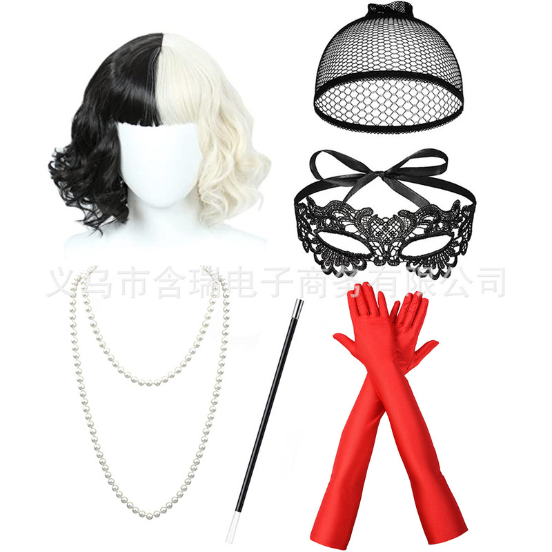 Factory Direct Sales New Black and White Witch Wig Halloween Dance Party Costume Accessories Props Gloves Set
