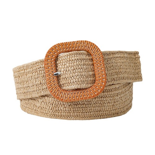 4cm wide Korean-style bohemian candy-colored square buckle PP straw woven waist belt elastic stretch versatile dress leather belt for women