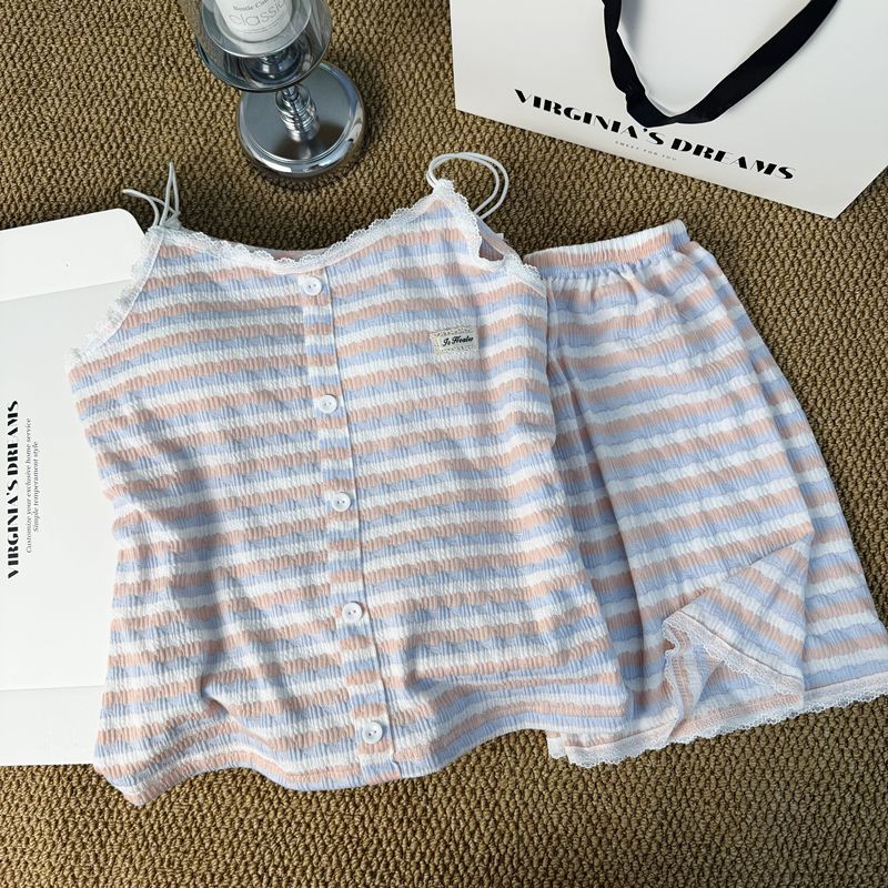 Pijamas transfronterizos de verano de mujer con cojín de pecho sexy pantalones cortos de cinturón puros de estilo delgado a rayas sin mangas set de ropa de casa