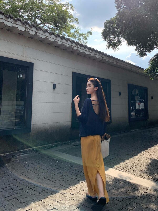 气质慵懒时尚套装裙女夏季新款薄款露背长袖T恤上衣半身裙两件套|undefined