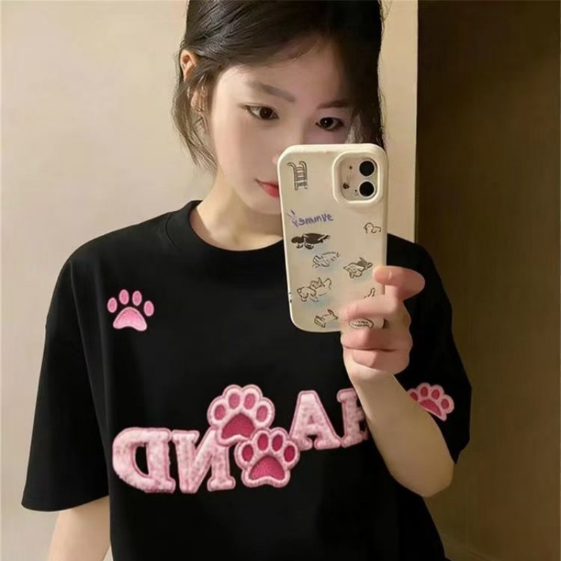 韩系甜酷风粉色猫爪重工贴布刺绣短袖T恤女夏季宽松圆领纯棉上衣