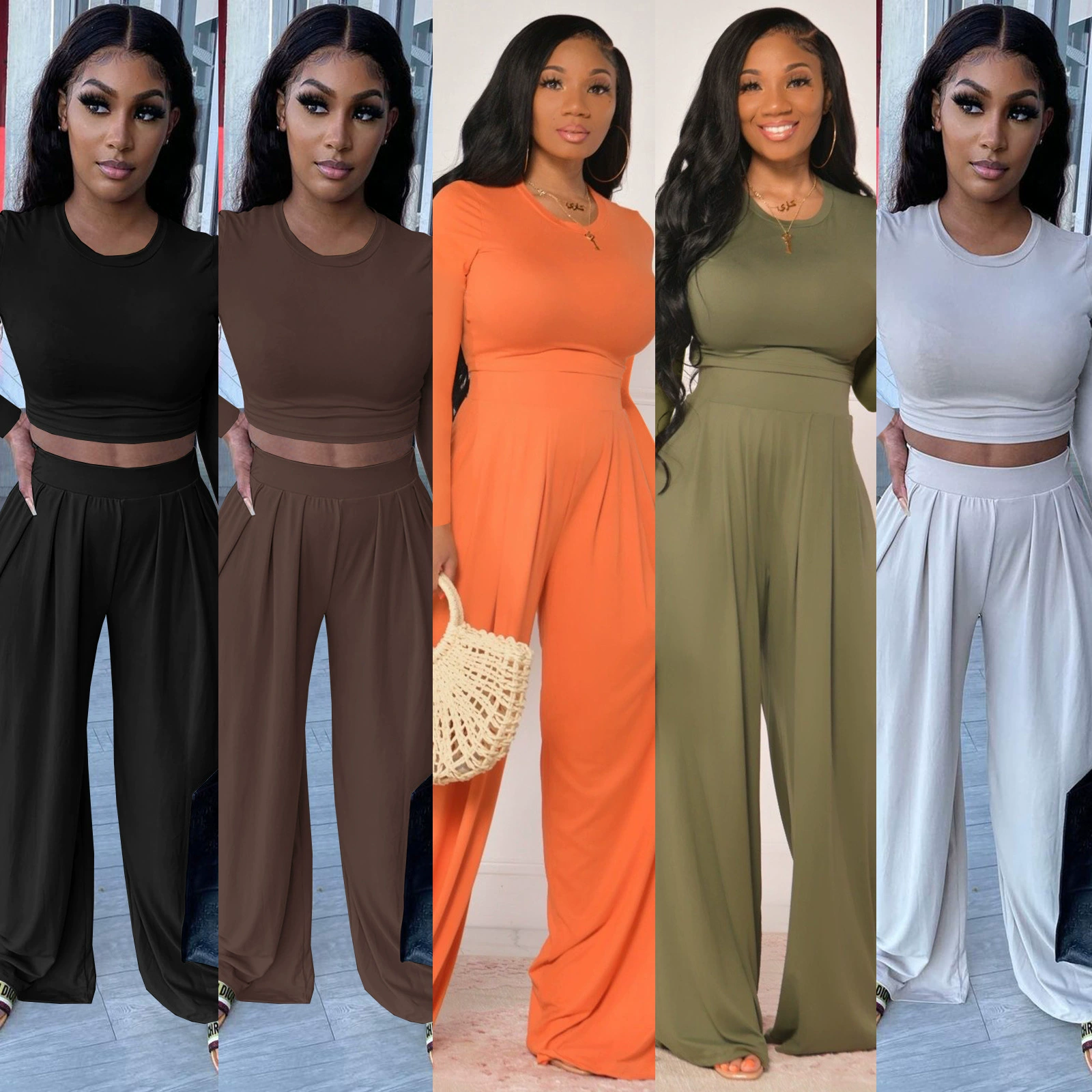 10013 европейские и американские женские модные повседневные спортивные широкие брюки Amazon, однотонный осенне-зимний новый комплект из двух предметов