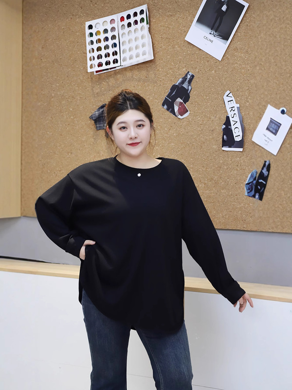 2025秋季新版胖mm大码宽松休闲长袖上衣女竹节棉百搭显瘦打底衫|undefined