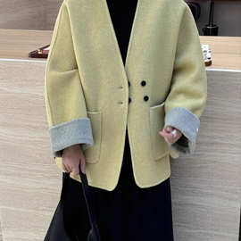 双面羊毛大衣双口袋双面色V领小众设计短款外套果绿色上衣2025秋