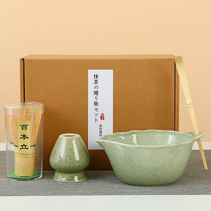 日式树叶带嘴抹茶碗日本点茶器陶瓷茶筅立抹茶勺百本立打抹茶工具|undefined