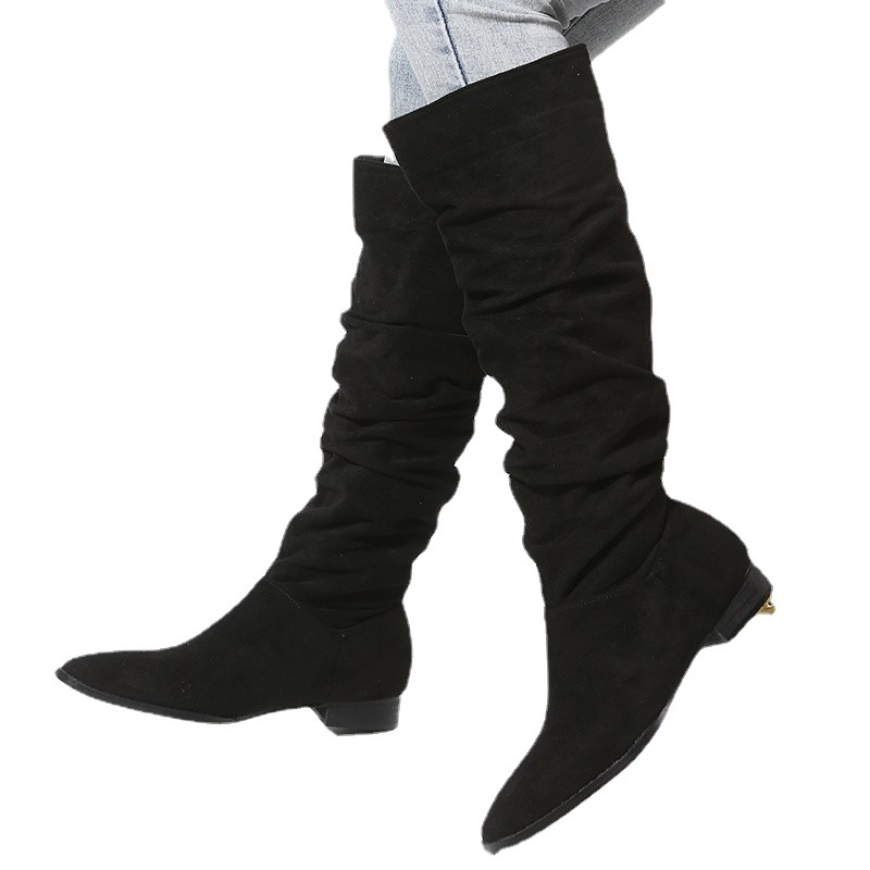 Sieviešu apavi Liela izmēra vidēja garuma Sieviešu ādas zābaki Rudens un Ziemas jauni, plakani dibeni ar smailiem purngaliem_voghion.com