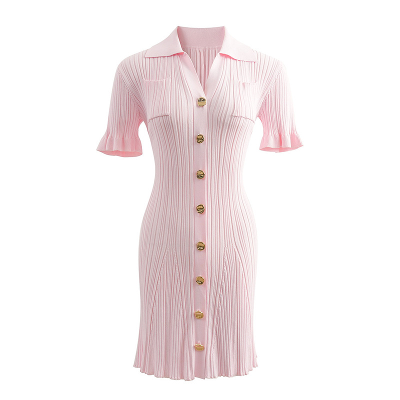 Sp 26 Summer Sweet Girly Pink Shirt Collar Ruffled Sleeve Waist-Cinching A-Line Skirt Mermaid Knit Slimming Dress