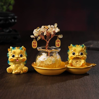 Decoration - Dropshipping Available, Car ornaments - yellow-gold-ingot-copper-coin-pixiu-yellow-crystal-tree-gourd-base