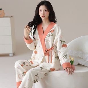 Pregnant Women's Pajamas Autumn and Winter Long-sleeved Sandwich Home Clothes Cardigan Air Cotton Postpartum Lactation Two-piece Set