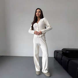 修身长袖V领针织衫长袖套装女装高级感秋冬新款休闲毛衣两件套女