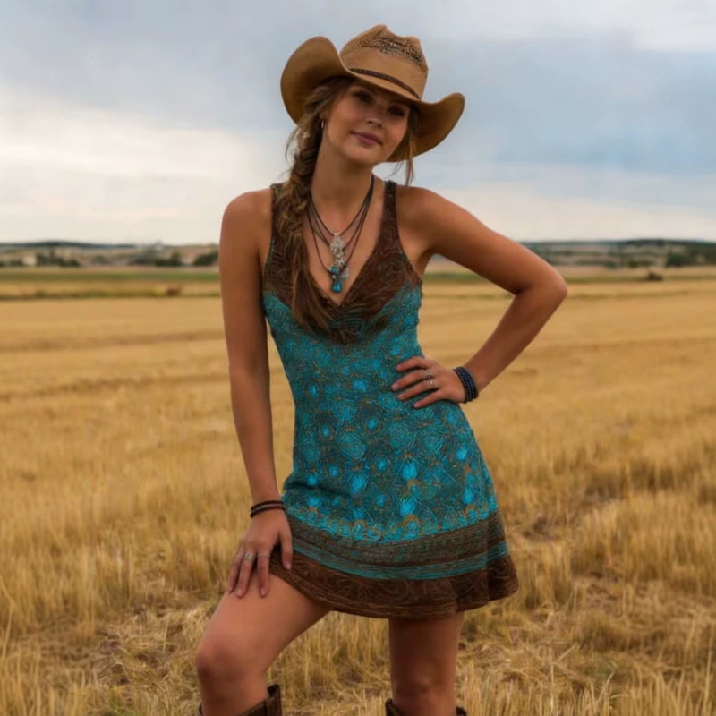 Cross-Border Exclusive Supply for Women: Vintage Western Paisley Cowboy Style Sleeveless V-Neck Printed Elegant Short Dress Cross-Border Exclusive Supply for Women: Vintage Western Paisley Cowboy Style Sleeveless V-Neck Printed Elegant Short Dress