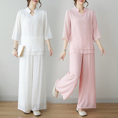 新しい夏の新しいエスニックスタイルの禅瞑想トレーニング服ツーピースセット中国風ヨガヒーリング服瞑想茶服