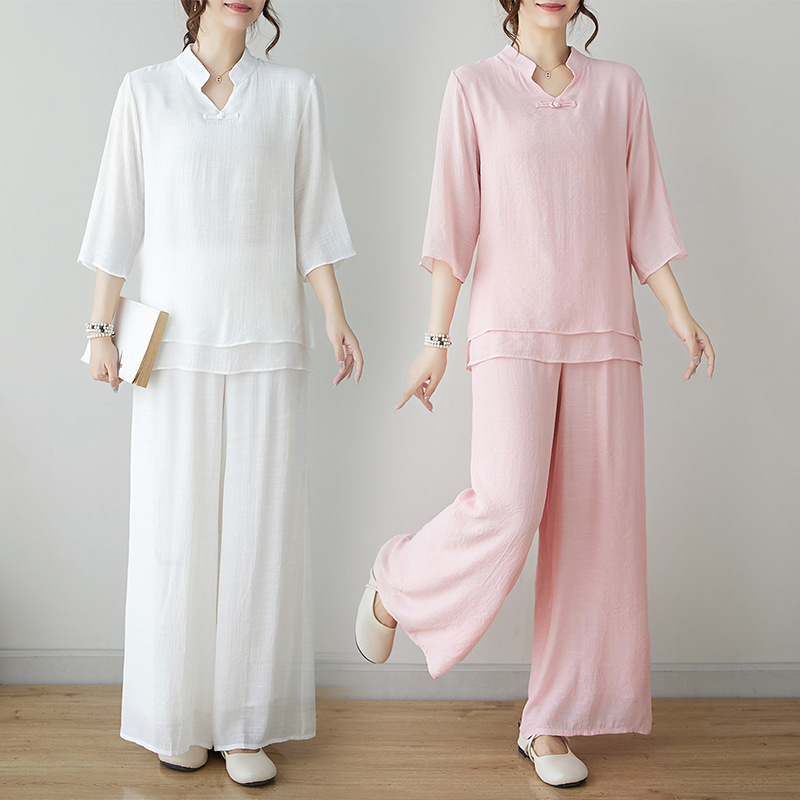 新しい夏の新しいエスニックスタイルの禅瞑想トレーニング服ツーピースセット中国風ヨガヒーリング服瞑想茶服|undefined