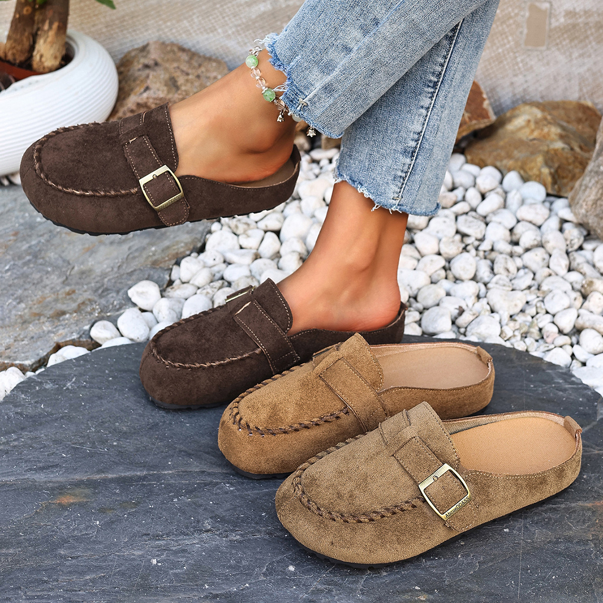 Women's Fleece Lined Bread Toe Slippers Spring Style Thick Sole Retro Buckle Birken Inspired Slippers Size 43_vogvips.com