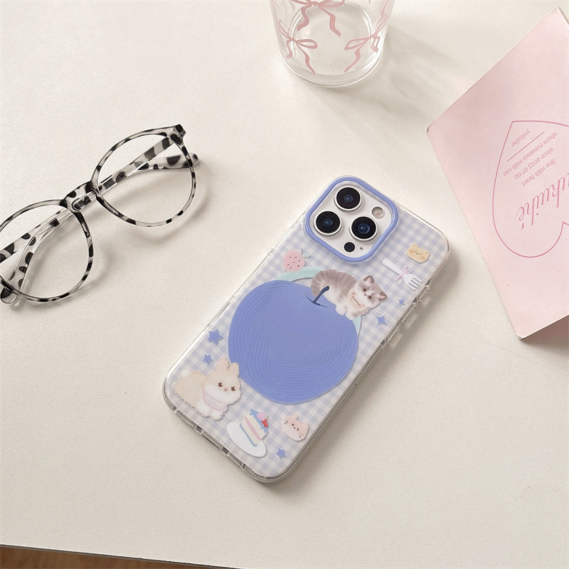 Ins viento azul a cuadros lindo gato de manzana para iphone15ProMax Apple 13/14 funda para teléfono móvil 16 mujer