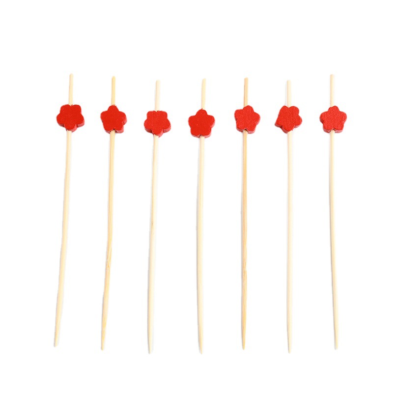 Fábrica de suministro desechable flores rojas horquilla de fruta palillos de dientes de dibujos animados palillos de frutas palillos de dientes artísticos palillos de bambú