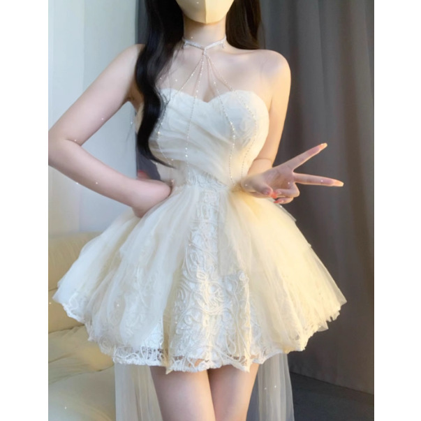 French Style Mesh One-Shoulder Tube Top Birthday Dress New Summer Style