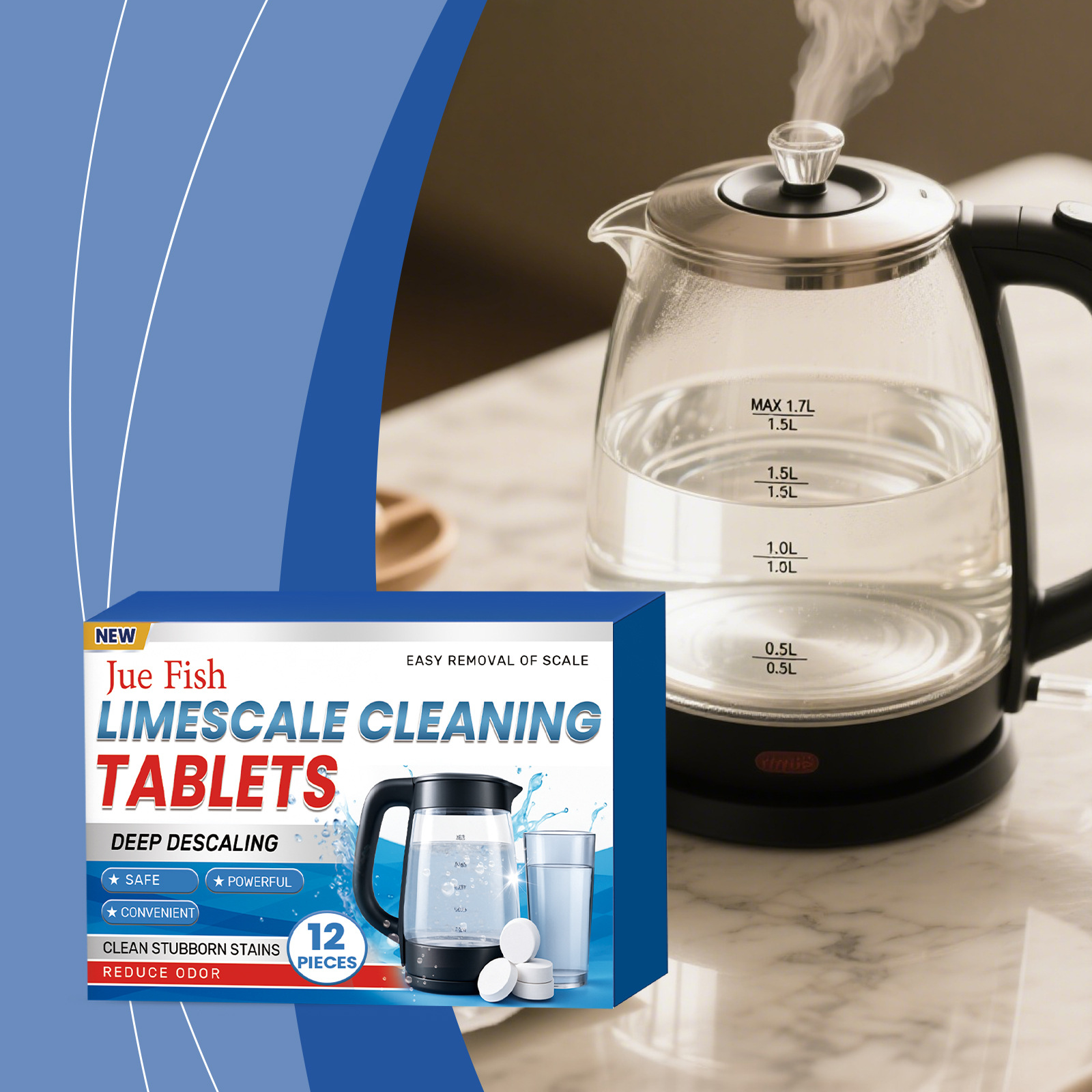 Jue Fish Water Bottle Cleaning Effervescent Tablets Convenient Soaking No-Scrubbing Solution for Dissolving Limescale and Cleaning the Bottle Body