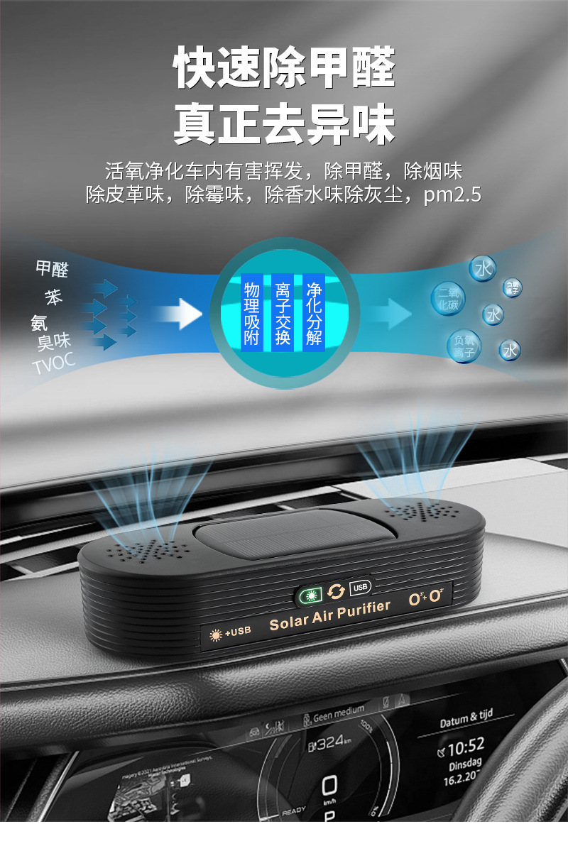 Dual-core solar-powered car air purifier, removes formaldehyde, eliminates odors, durable, intelligent car purifier, natural oxygen bar