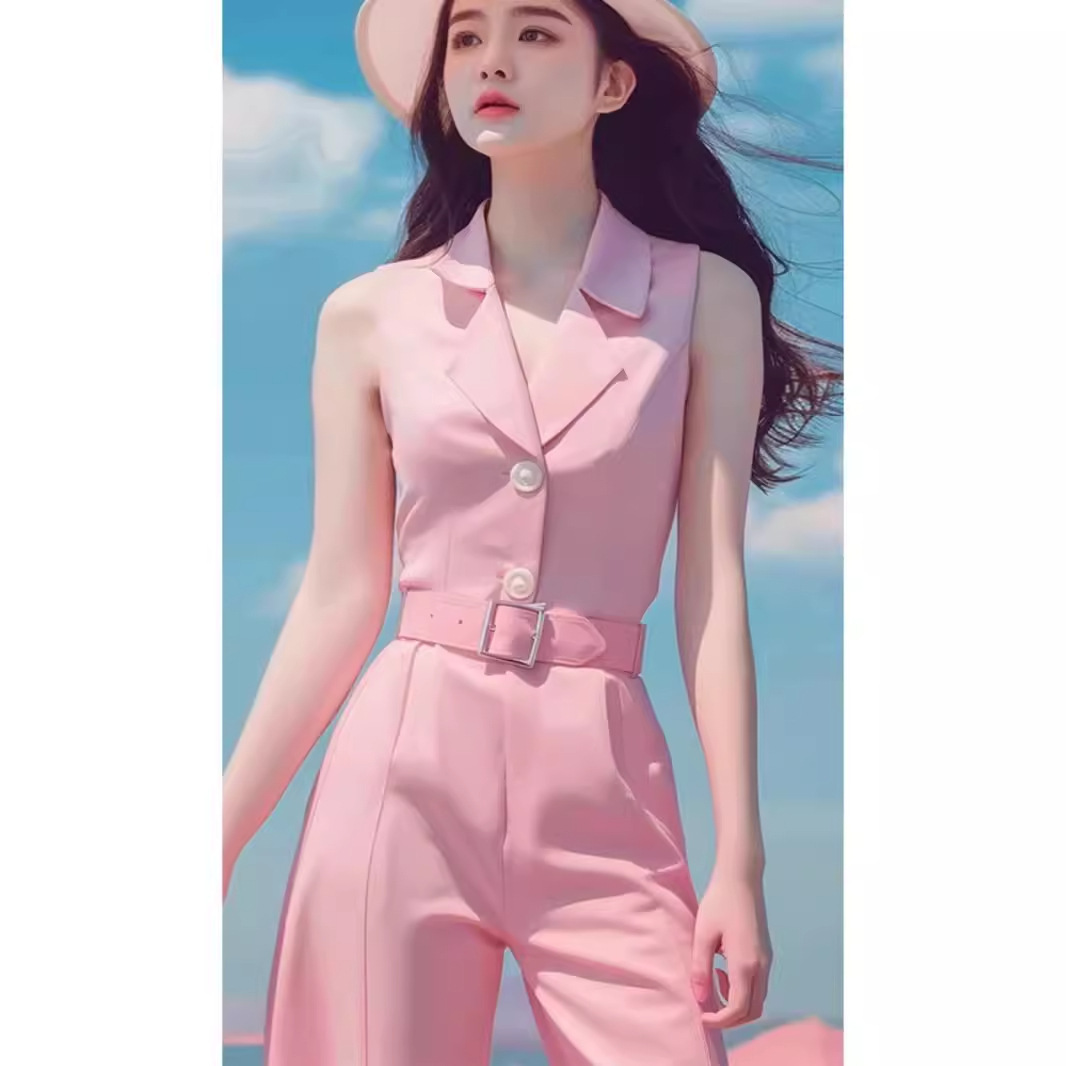 Bộ jumpsuit nữ dài tay màu hồng phong cách dopamine mùa hè cao cấp — Màu hồng