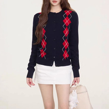 复古撞色菱格纹羊毛针织开衫女秋季2025年新款高级感上衣