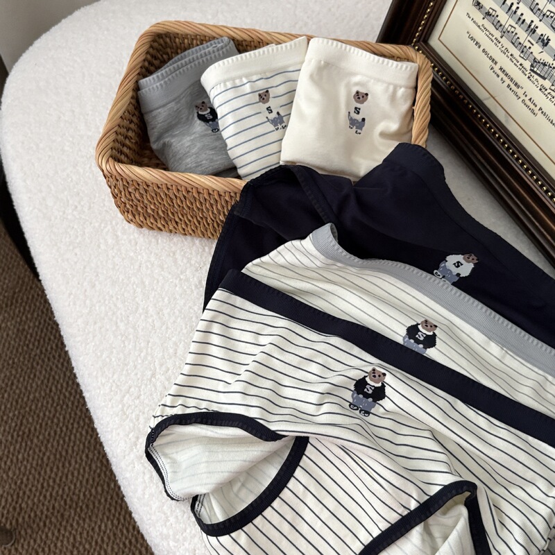 6673 Navy Academy Style Simple Basic Color-Block Striped Sports Modal Cotton Bear Girl Mid-Waist Underwear