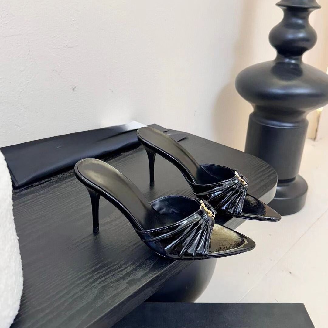 Yangshulin's Same Style Metal Buckle Pointed Toe Open-Toe Sandals 2025 New Style Pleated Sexy Elegant Stiletto High Heels for Women