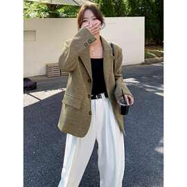 加厚毛呢西装外套女新款秋冬季黄色斜纹短款宽松粗花呢子