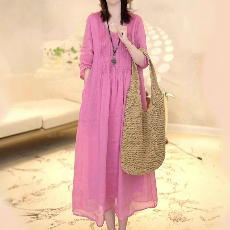 2025 Summer New Loose plus size Women's High-end French Entry Luxury Solid Color Round Neck Slimming Women's dress 2025 Summer New Loose plus size Women's High-end French Entry Luxury Solid Color Round Neck Slimming Women's dress