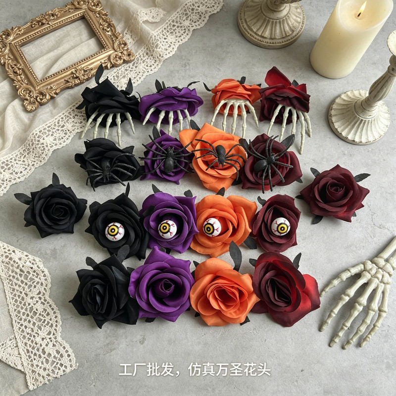 Halloween Artificial Roses Cross-Border Wholesale, Dark-Style Artificial Flower Heads, Handmade Headpieces, Wedding Window Display, Soft Ambiance