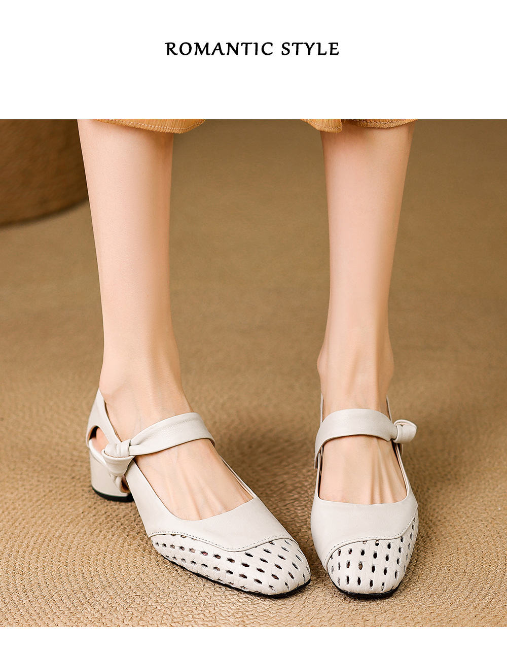 Sandal nữ gót vuông 3,5 cm mũi kín hở cạnh kiểu mới — màu trắng ngà chi tiết 9