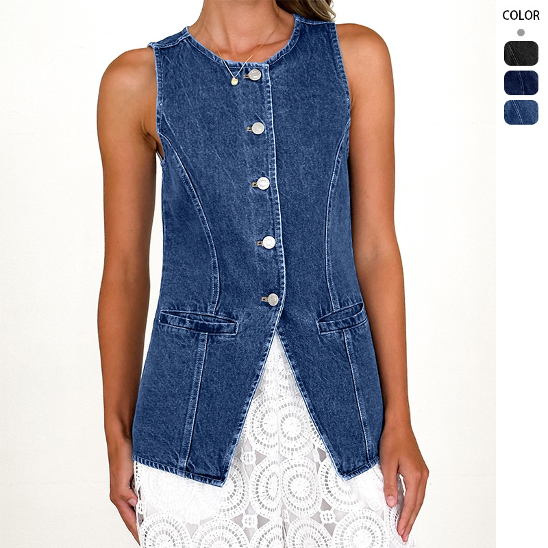 Amazon Independent Station Cross-border nueva moda retro europea y americana cuello redondo sin mangas cintura chaqueta de mezclilla chaleco damas image 1